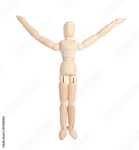 Wooden human model on white background. Mini mannequin