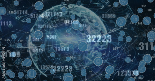 Image of digital icons and numbers changing over globe in background