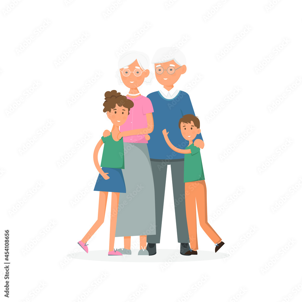 Grandparents with grandchildren isolated on the white background. Vector illustration