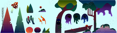Set of 2D forest elements, level design, mystical forest