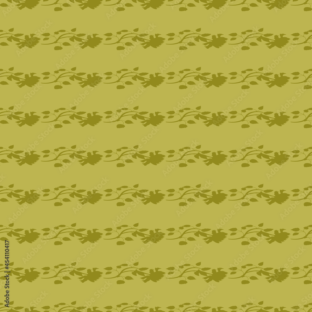 Green silhouette with flowers, branche and leafs seamless repeat pattern print background