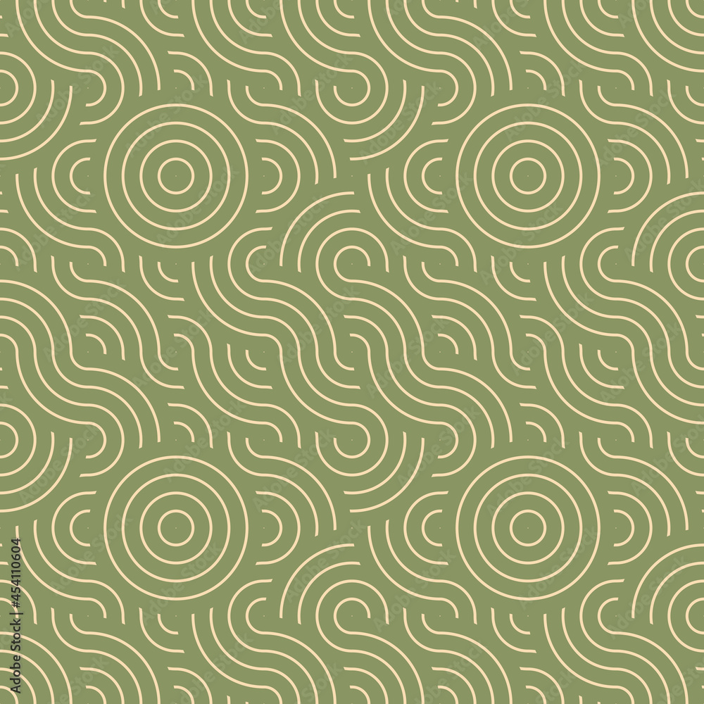Japanese geometric seamless pattern. Abstract modern traditional wavy lines repeat motif for background, fabric or texture. Green ancient waves pattern from asian or japan. Oriental geometric print.