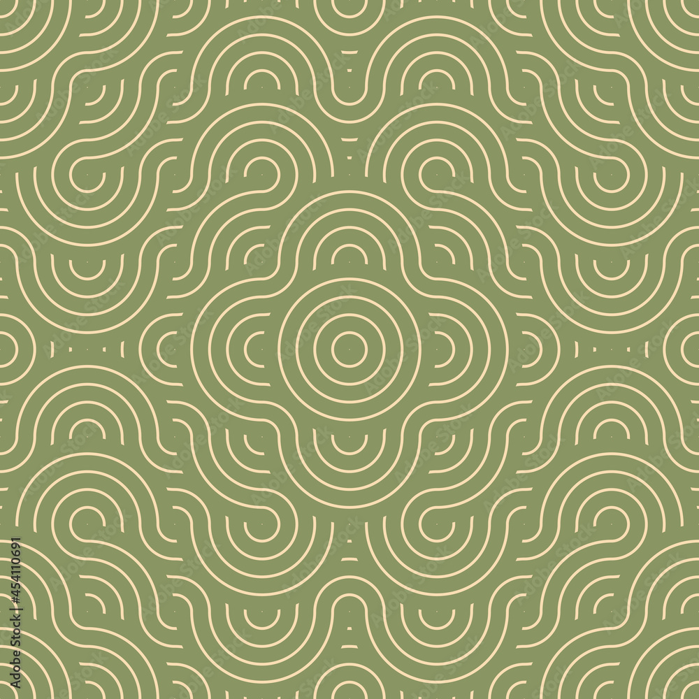 Japanese geometric seamless pattern. Abstract modern traditional wavy lines repeat motif for background, fabric or texture. Green ancient waves pattern from asian or japan. Oriental geometric print.