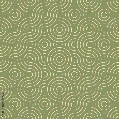 Japanese geometric seamless pattern. Abstract modern traditional wavy lines repeat motif for background  fabric or texture. Green ancient waves pattern from asian or japan. Oriental geometric print.