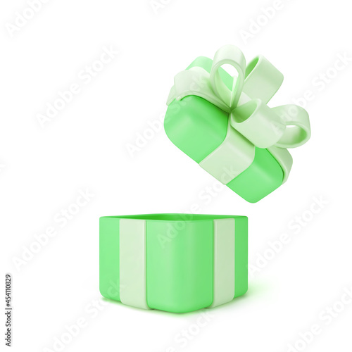 3d green open gift box standing on the floor with pastel ribbon bow isolated on a light background. 3d render modern holiday surprise box. Realistic vector icon