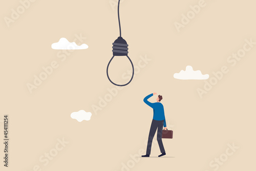Business risk or challenge, mistake or failure, bad and stupid idea or self sabotage, business trap and pitfall concept, doubtful businessman looking at lightbulb idea thinking it look like noose trap