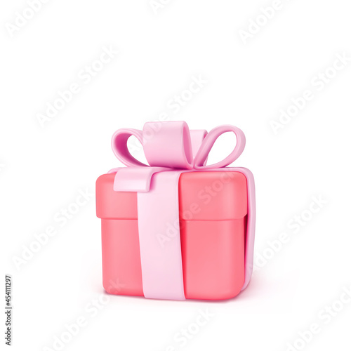 3d red closed gift box standing on the floor with pink pastel ribbon bow isolated on a light background. 3d render modern holiday surprise box. Realistic vector icon
