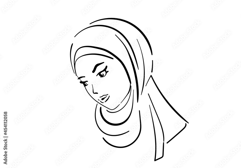 Illustration of the outline of a dark-skinned beautiful girl in a hijab, isolated on a white background Illustration of the outline of a dark-skinned beautiful girl in a hijab, isolated on a white background