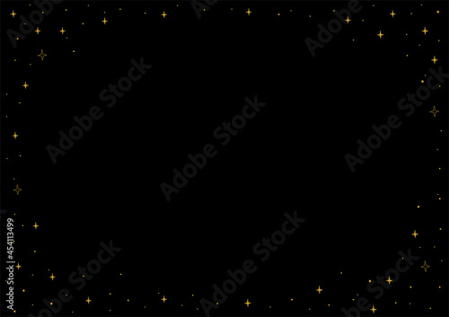 Black background with stars with place for text. Horizontal night banner with copyspace and decorative stars around the edges. Flat vector illustration.