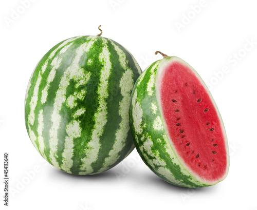 Ripe juicy watermelon and sliced watermelon slices isolated on white background. Fresh fruits.