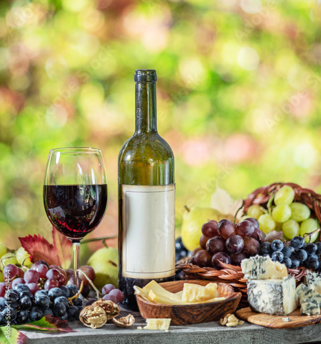 Fototapeta Naklejka Na Ścianę i Meble -  Grapes, bottle of wine and different cheeses on country wooden table and blurred colorful autumn background. Variety of products as the symbol of autumn abundance and prosperity.