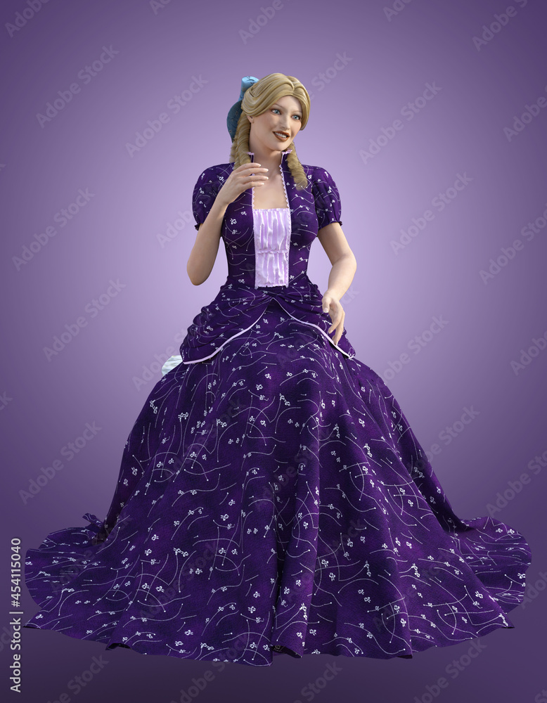 Princess Illustration of a Young Woman dressed in a blue ballgown seated against a pink and purple backdrop