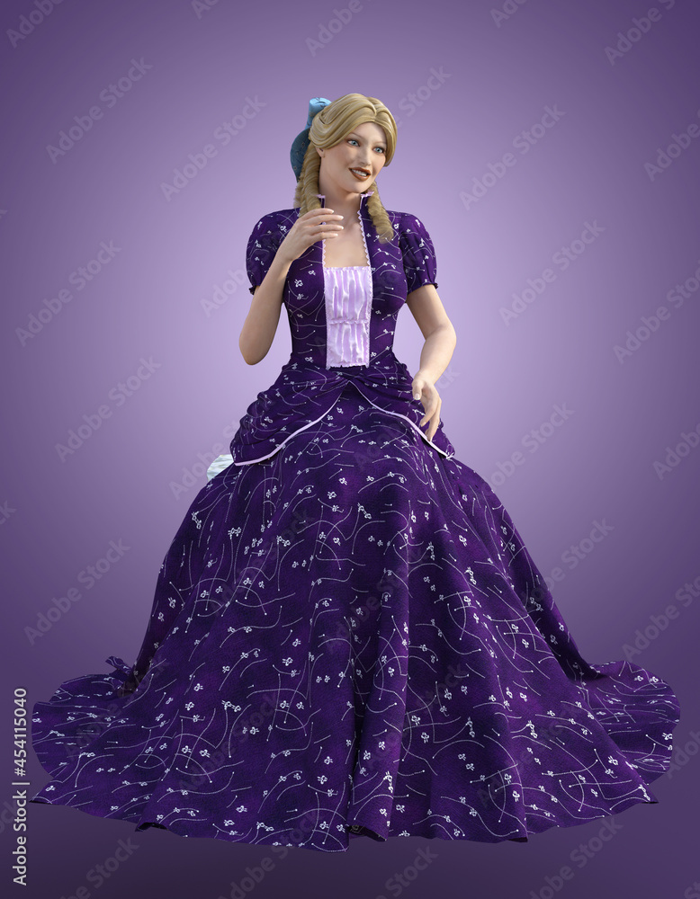 Princess Illustration of a Young Woman dressed in a blue ballgown seated against a pink and purple backdrop Princess Illustration of a Young Woman dressed in a blue ballgown seated against a pink and purple backdrop