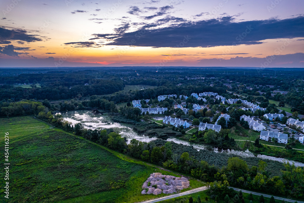 Aerial Drone of Plainsboro Princeton Sunset 