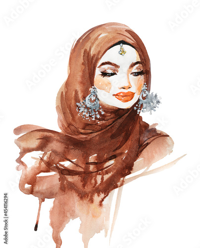 Canvas Print Hand drawn young Arabian woman with hijab and closed eyes
