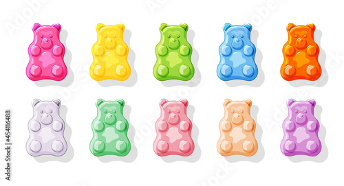 Various jelly bears set on a white isolated background. Multi-colored Gummies. Sweet candies. Cartoon vector illustration of vitamins