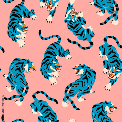 Hand drawn abstract tiger. Japanese or Chinese oriental style. Trendy colored Vector illustration. Square seamless Pattern. Pink background, wallpaper, textile print template