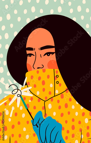 Close up portrait of young woman wearing warm insulated jacket. Lady holding a Sparkler in her hand. Snowy winter weather, holiday, celebration, Cozy clothes concept. Hand drawn Vector illustration