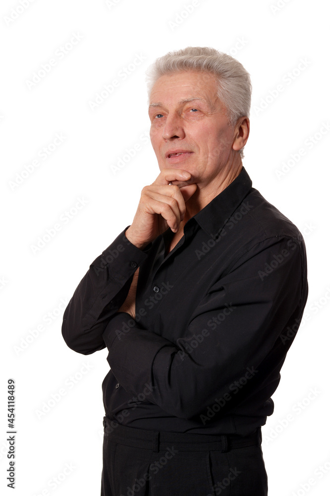 Thinking senior man isolated on white background