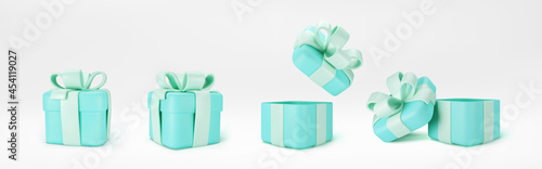 3d turquoise gift boxes open and closed standing on the floor with blue pastel ribbon bow isolated on a light background. 3d render modern holiday surprise box. Realistic vector icons.