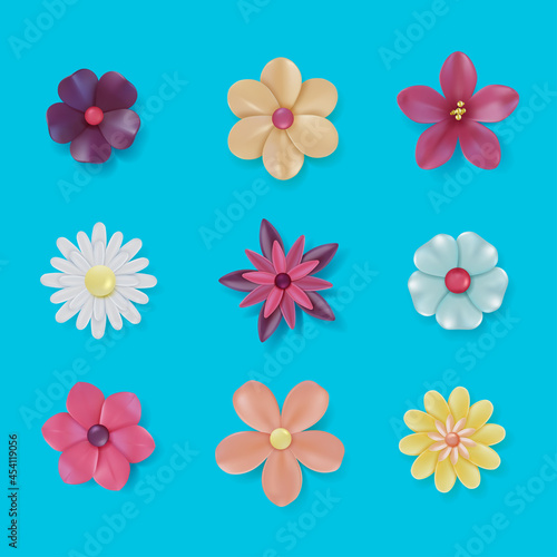 Realistic Detailed 3d Colorful Daisy Flower Set on a Blue Background. Vector illustration of Plasticine Floral Plant