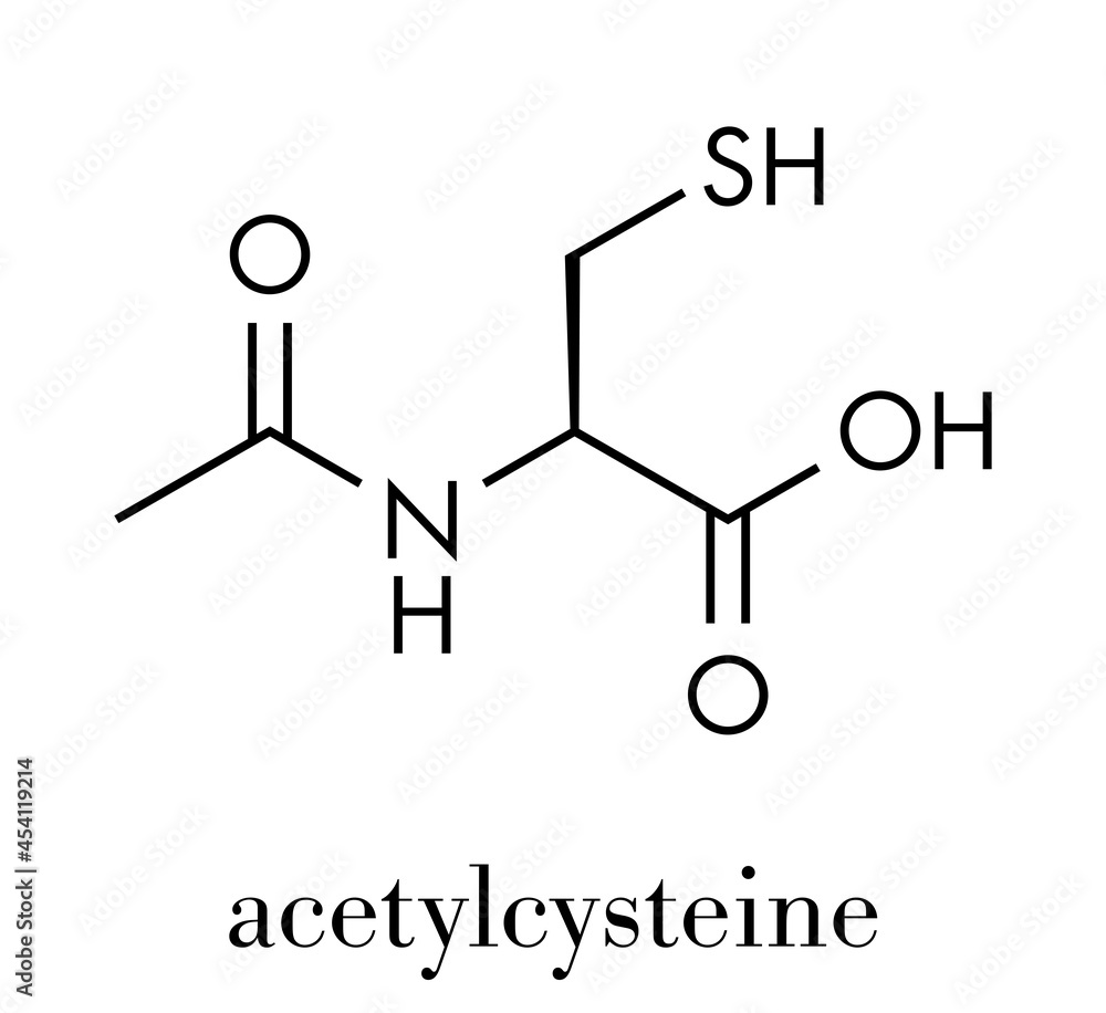Acetylcysteine (NAC) mucolytic drug molecule. Also used to treat paracetamol overdose, Skeletal formula. Acetylcysteine (NAC) mucolytic drug molecule. Also used to treat paracetamol overdose, Skeletal formula.