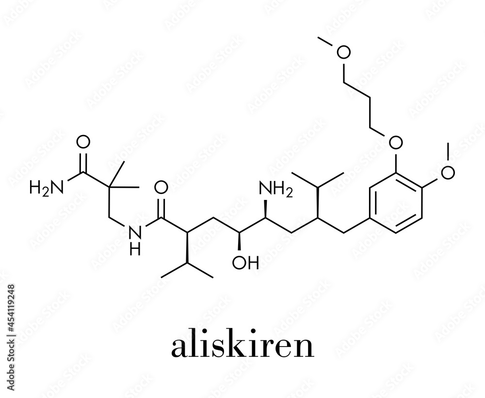 Obraz premium Aliskiren hypertension or high blood pressure drug (renin inhibitor class) molecule. Skeletal formula.