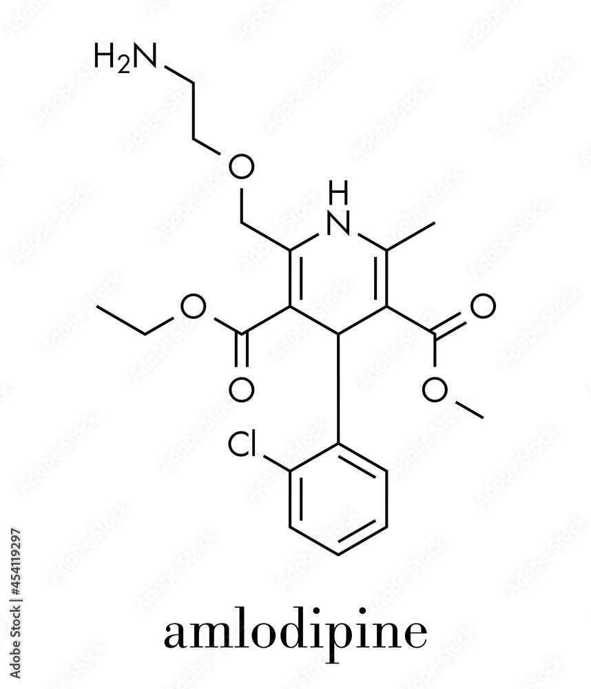Amlodipine hypertension (high blood pressure) drug molecule. Skeletal formula.