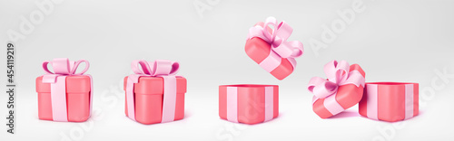 3d red gift boxes open and closed standing on the floor with pink pastel ribbon bow isolated on a light background. 3d render modern holiday surprise box. Realistic vector icons.