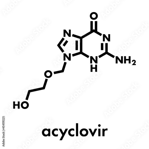 acyclovir antiviral drug molecule. Used in treatment of herpes simplex virus (cold sores), herpes zoster (shingles) and varicella zoster (chickenpox). Skeletal formula.
