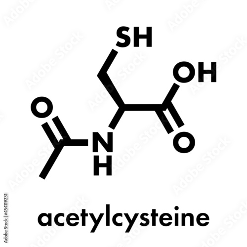 Acetylcysteine (NAC) mucolytic drug molecule. Also used to treat paracetamol overdose, Skeletal formula.