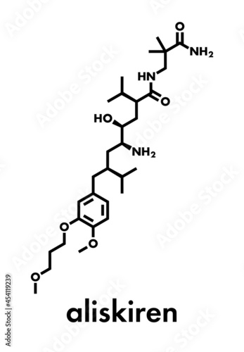 Aliskiren hypertension or high blood pressure drug (renin inhibitor class) molecule. Skeletal formula. photo