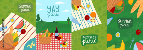 Cartoon Color Summer Picnic Concept Banner Poster Card Set Flat Design Style. Vector illustration of Outdoor Summertime Party