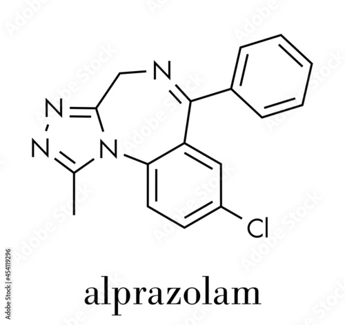 Alprazolam sedative and hypnotic drug (benzodiazepine class) molecule. Skeletal formula.