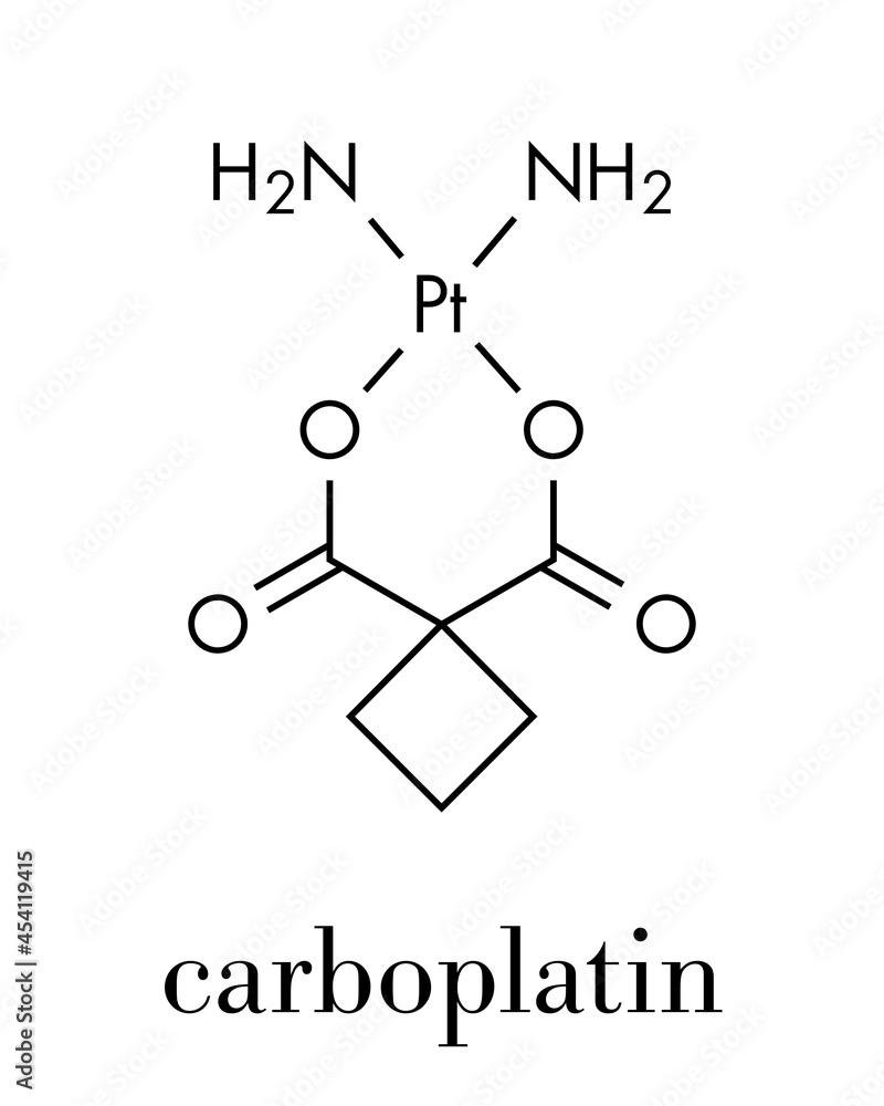 Carboplatin cancer chemotherapy drug molecule. Skeletal formula. Carboplatin cancer chemotherapy drug molecule. Skeletal formula.
