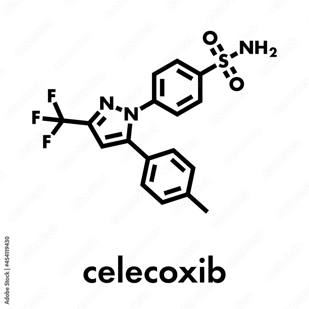 Celecoxib pain and inflammation drug (NSAID) molecule. Skeletal formula.