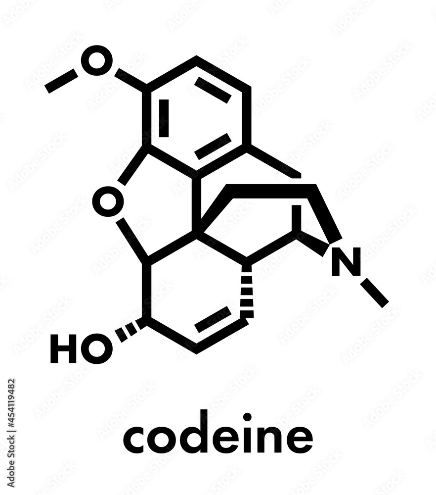 Codeine pain and cough relief drug molecule. Skeletal formula. Codeine pain and cough relief drug molecule. Skeletal formula.