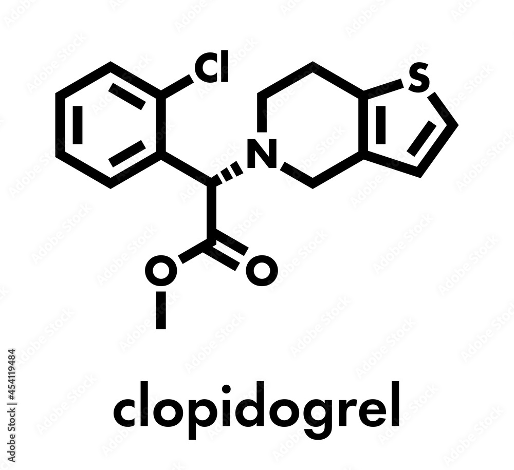 Clopidogrel antiplatelet agent molecule. Inhibits blood clotting Skeletal formula. Clopidogrel antiplatelet agent molecule. Inhibits blood clotting Skeletal formula.
