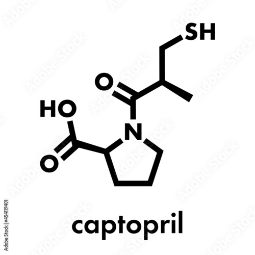 Captopril high blood pressure (hypertension) drug. An angiotensin-converting enzyme inhibitor (ACE inhibitor) Skeletal formula.