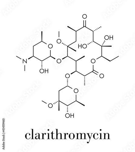 Clarithromycin antibiotic drug (macrolide class) molecule. Skeletal formula.