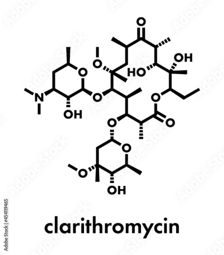 Clarithromycin antibiotic drug (macrolide class) molecule. Skeletal formula.