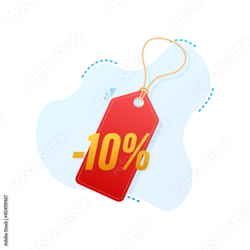 10 percent OFF Sale Discount tag. Discount offer price tag. 10 percent discount promotion flat icon with long shadow. Vector illustration.