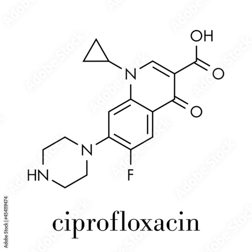 Ciprofloxacin antibiotic drug (fluoroquinolone class) molecule. Skeletal formula.