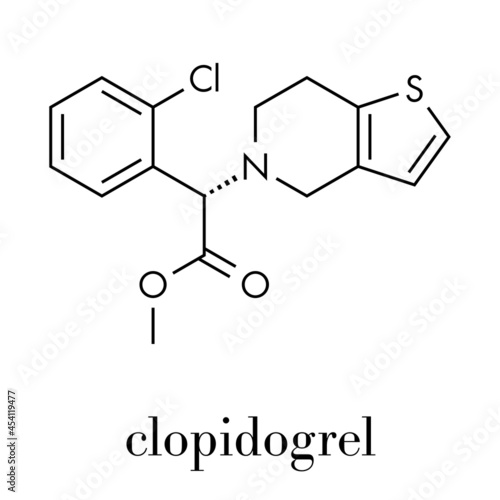 Clopidogrel antiplatelet agent molecule. Inhibits blood clotting Skeletal formula.