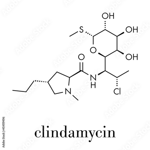 Clindamycin antibiotic drug (lincosamide class) molecule. Skeletal formula.