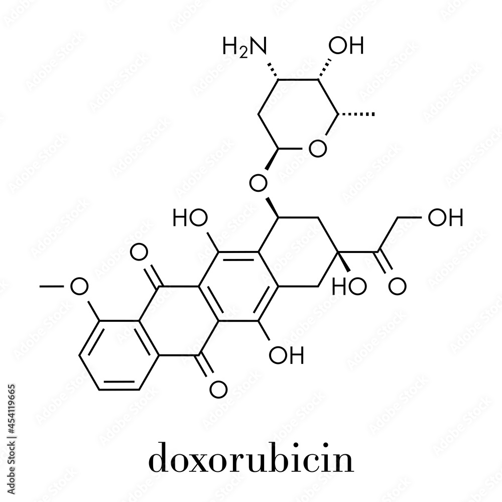 Doxorubicin cancer chemotherapy drug molecule. Skeletal formula.