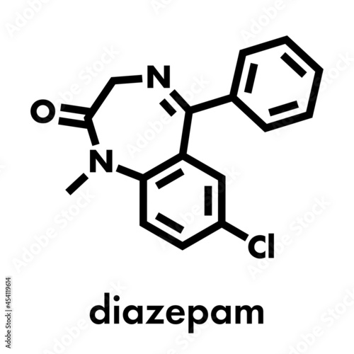 Diazepam sedative and hypnotic drug (benzodiazepine class) molecule. Skeletal formula.
