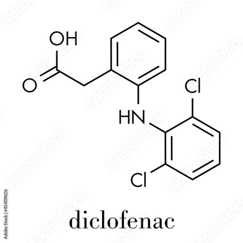 Diclofenac pain and inflammation drug (NSAID) molecule. Skeletal formula. photo