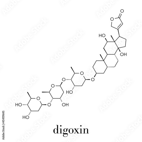 digoxin heart failure drug molecule. Extracted from foxglove plant (digitalis lanata) Skeletal formula.