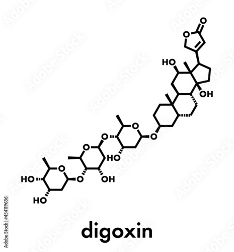 digoxin heart failure drug molecule. Extracted from foxglove plant (digitalis lanata) Skeletal formula.